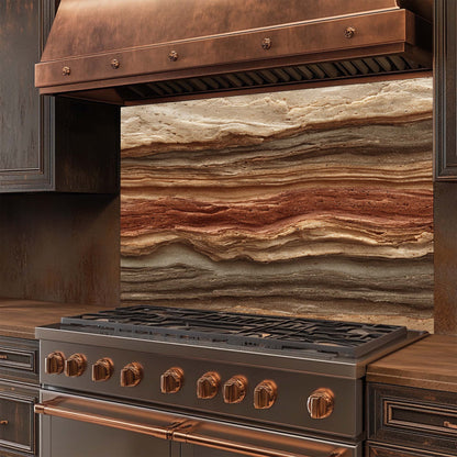 Stainless steel stove with glass backsplash in a kitchen setting