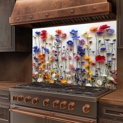 Stainless steel stove with a decorative floral glass backsplash in a kitchen setting