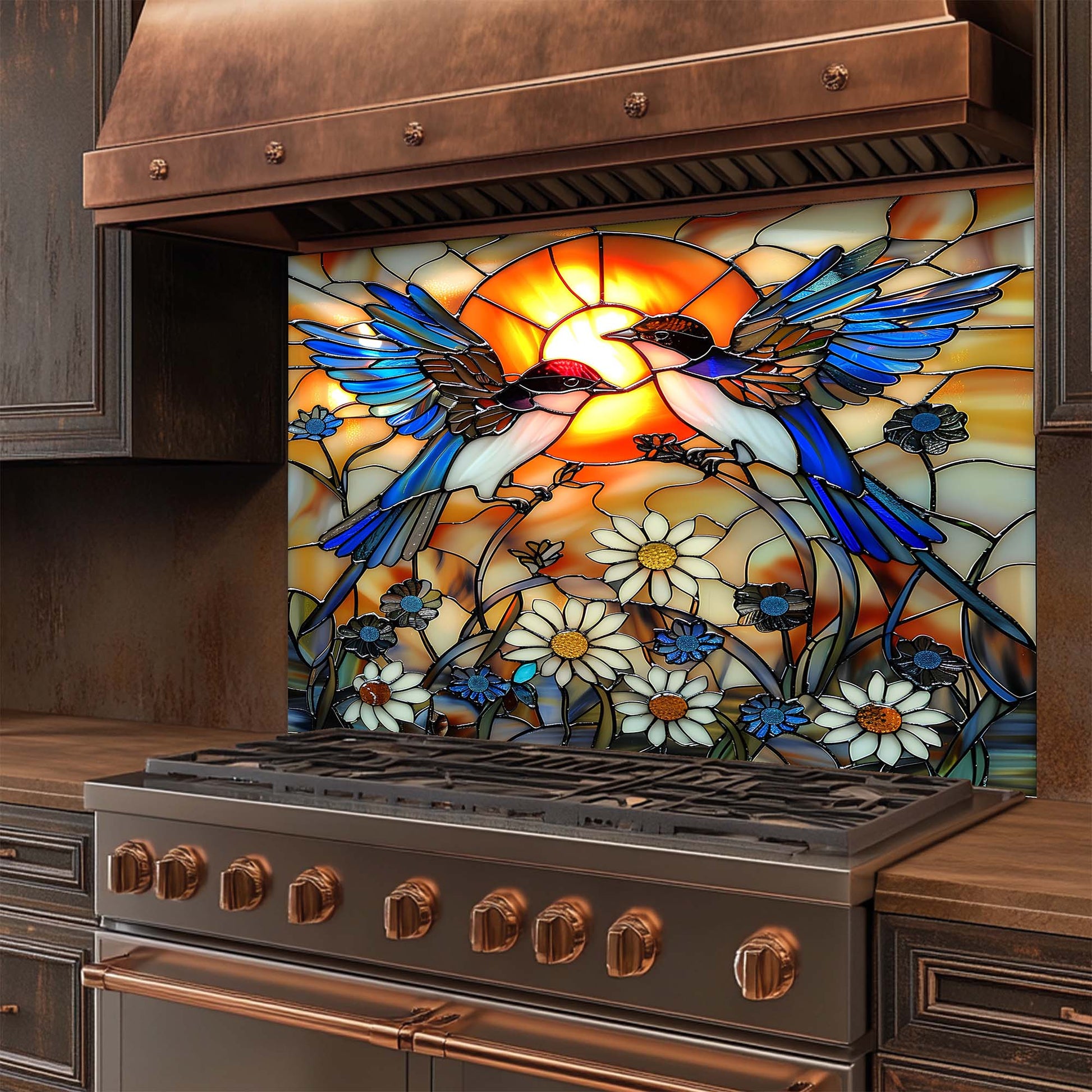 Stained glass backsplash with birds and flowers above a stove in a kitchen setting