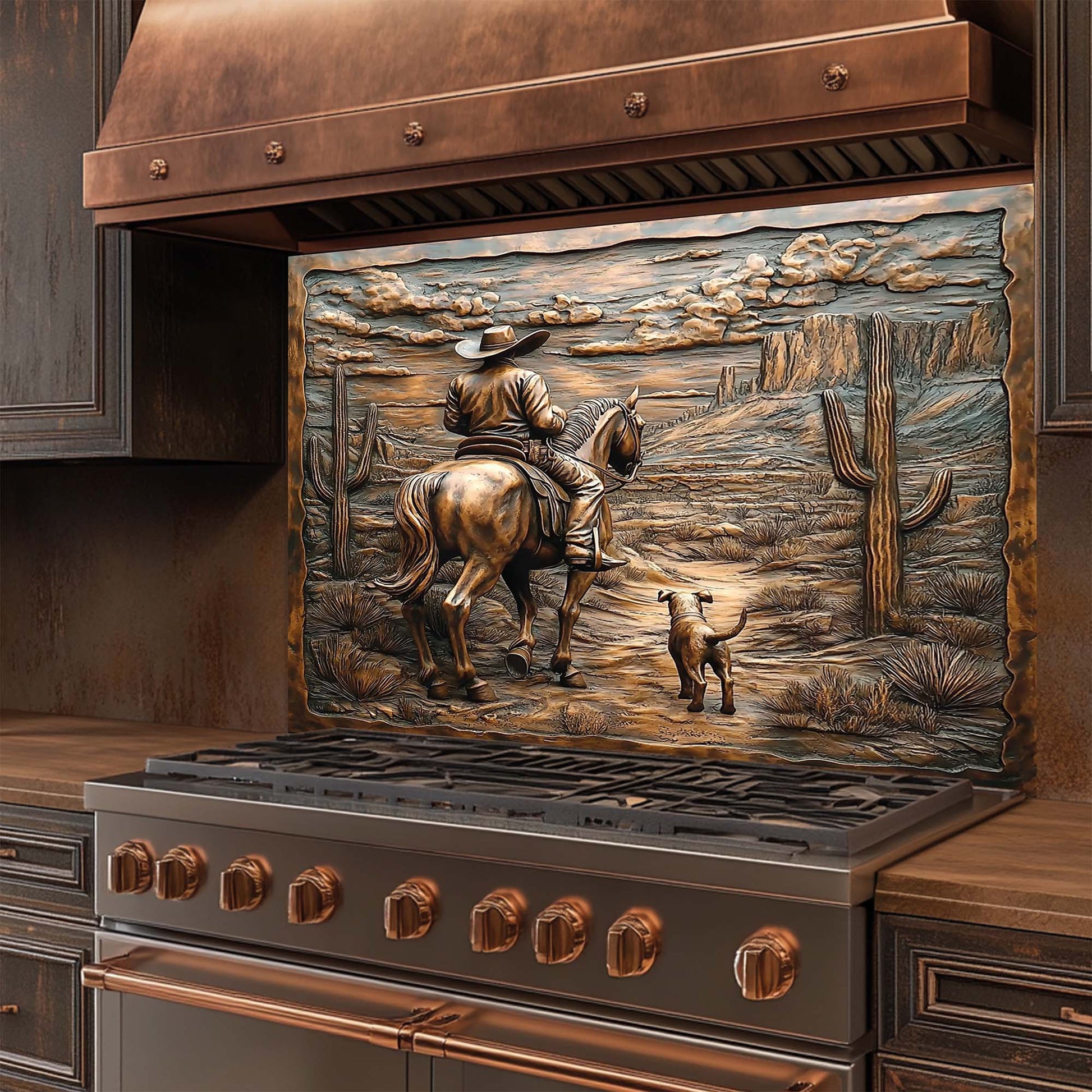 Decorative stove backsplash with a cowboy and dog scene in a rustic kitchen setting