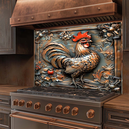 Decorative stove glass backsplash with a rooster design in a kitchen setting
