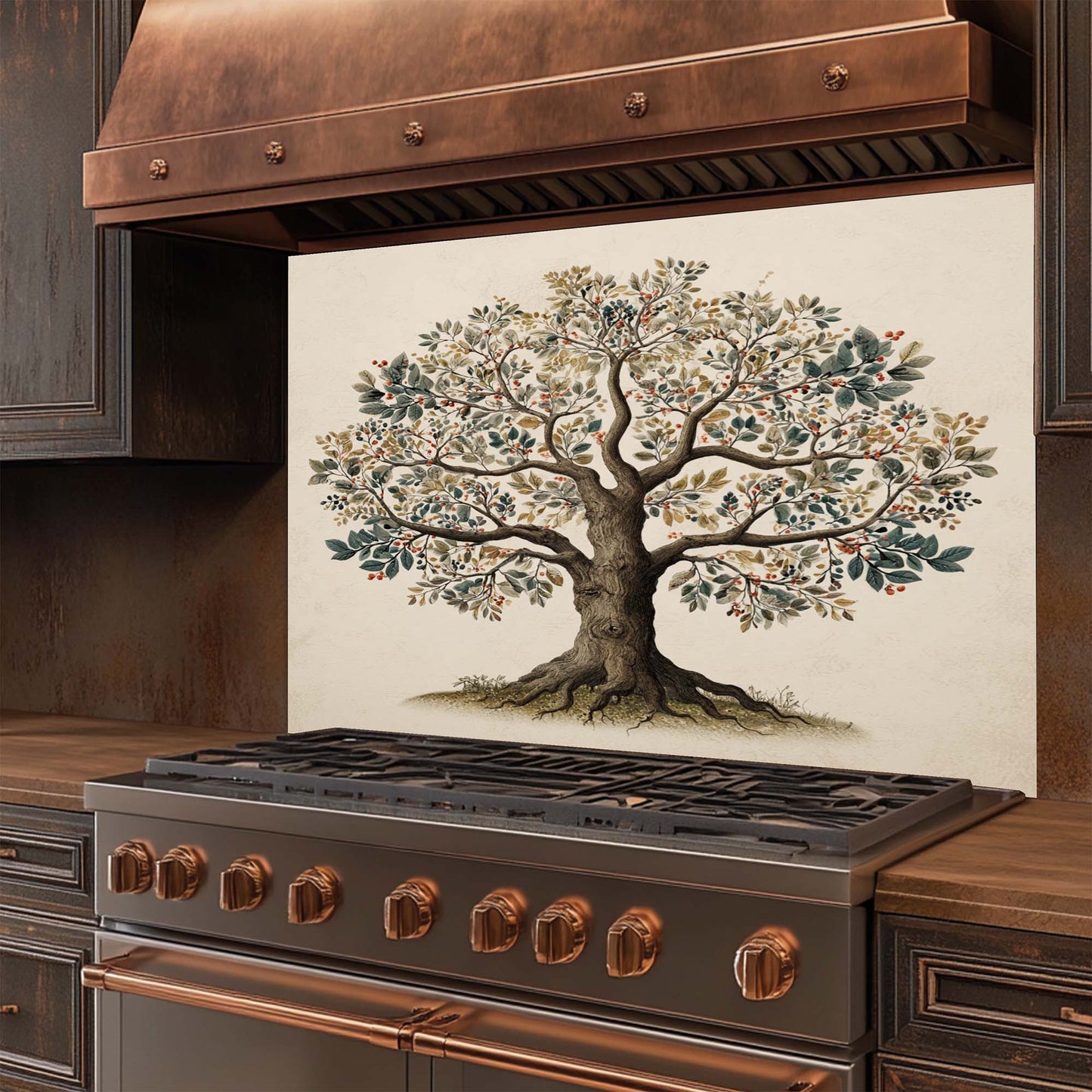 Botanical Tree of Life glass backsplash with soft earthy tones. Elegant and functional stove backsplash.