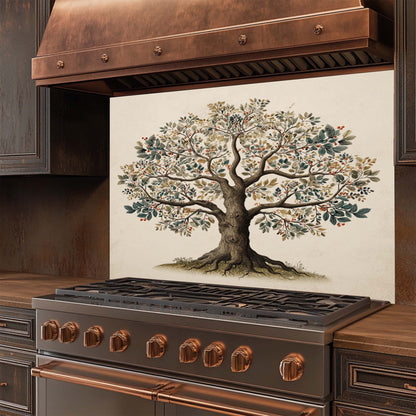 Botanical Tree of Life glass backsplash with soft earthy tones. Elegant and functional stove backsplash.