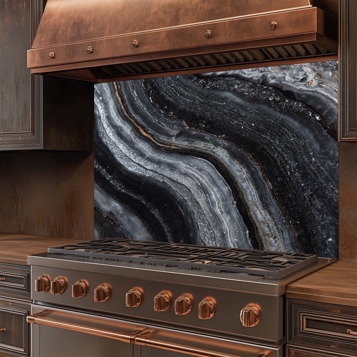 Stainless steel stove with copper accents and aglass splashback