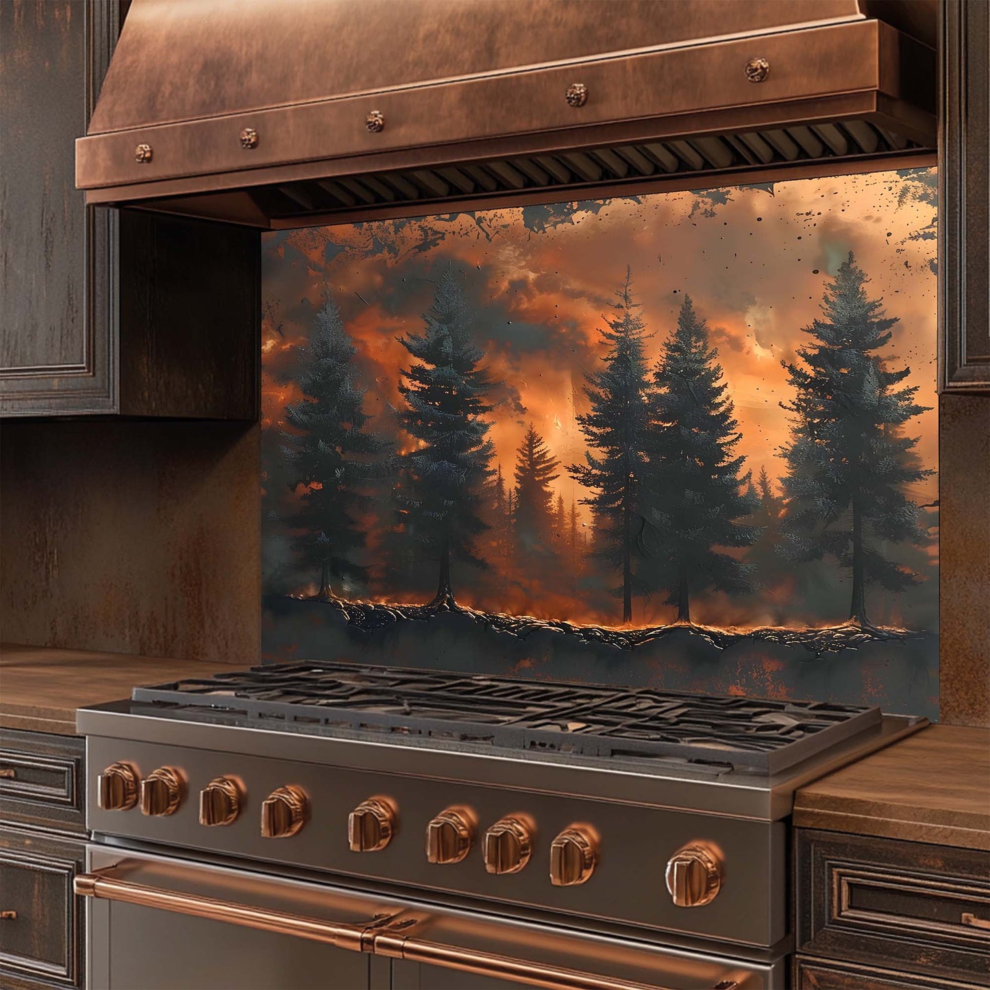 Stainless steel stove with copper accents and a forest fire glass backsplash