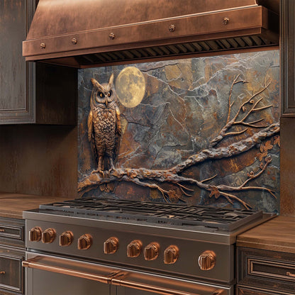 Stainless steel stove with decorative owl and moon design on the glass backsplash