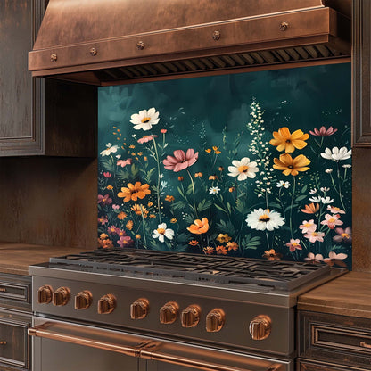 Stainless steel stove with floral glass backsplash in a kitchen setting