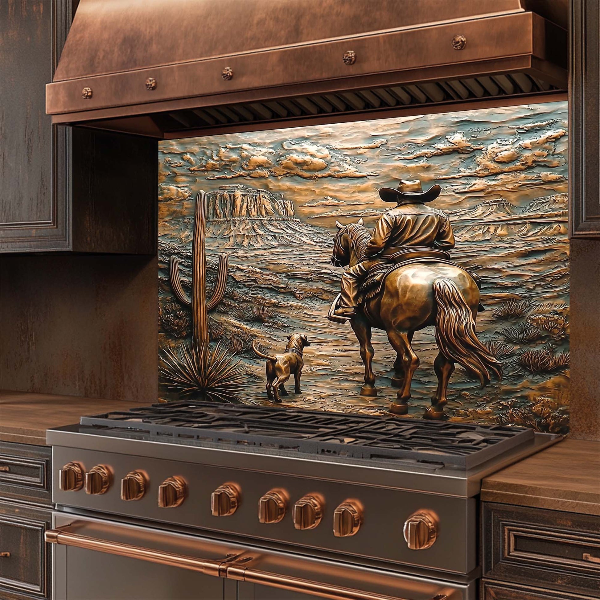 Decorative glass backsplash with a cowboy and horse design above a stove.