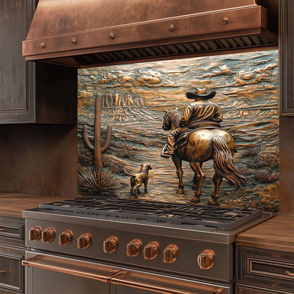 Decorative glass backsplash with a cowboy and horse design above a stove.