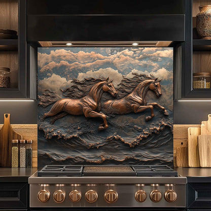 Stainless steel stove with decorative backsplash featuring running horses.