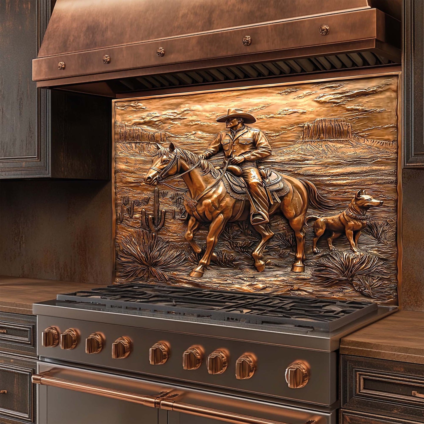 Copper western panel with cowboy on horse and dog in desert – tempered glass backsplash kitchen decor