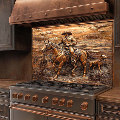 Copper western panel with cowboy on horse and dog in desert – tempered glass backsplash kitchen decor