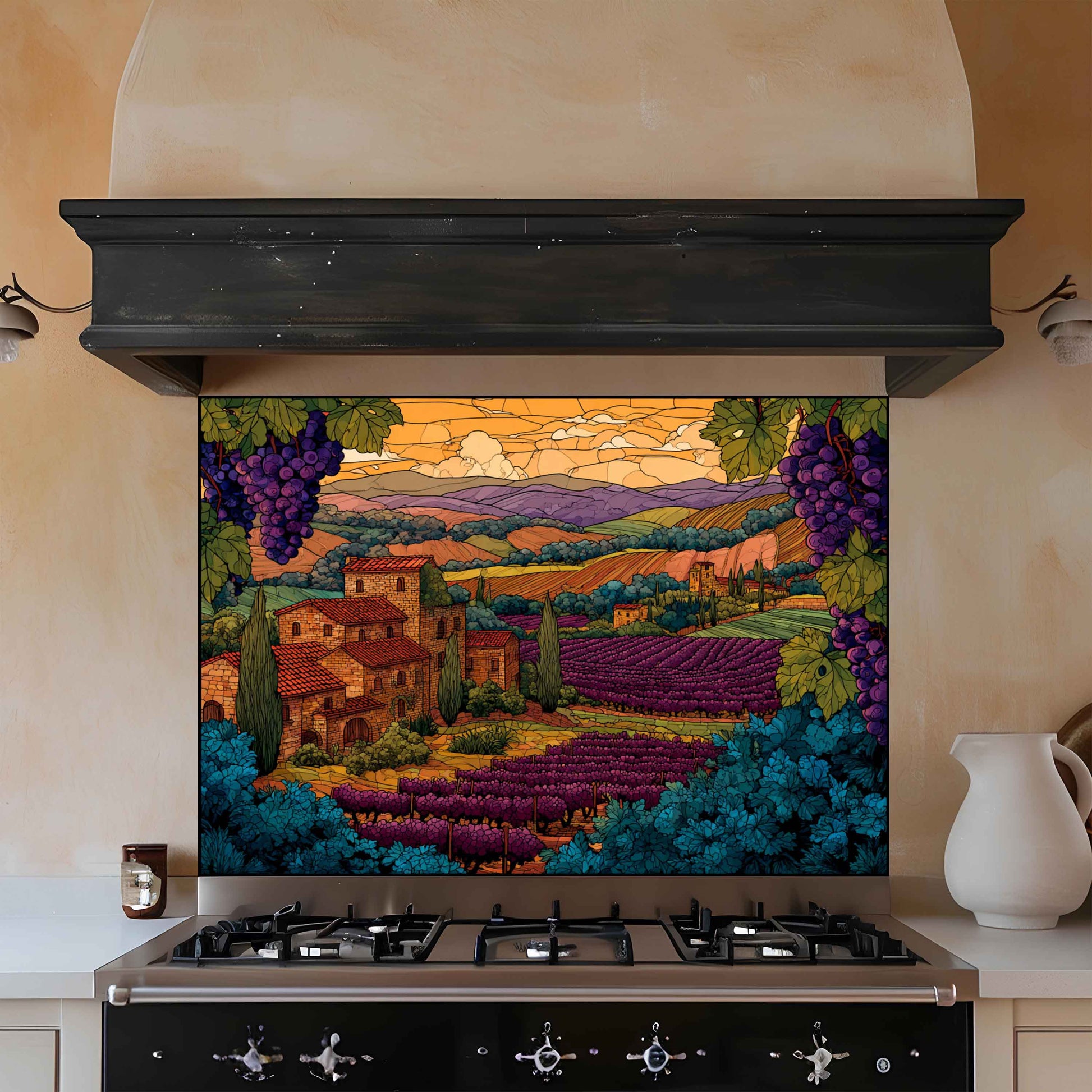 Decorative glass splashback with a scenic design above a stove in a kitchen.