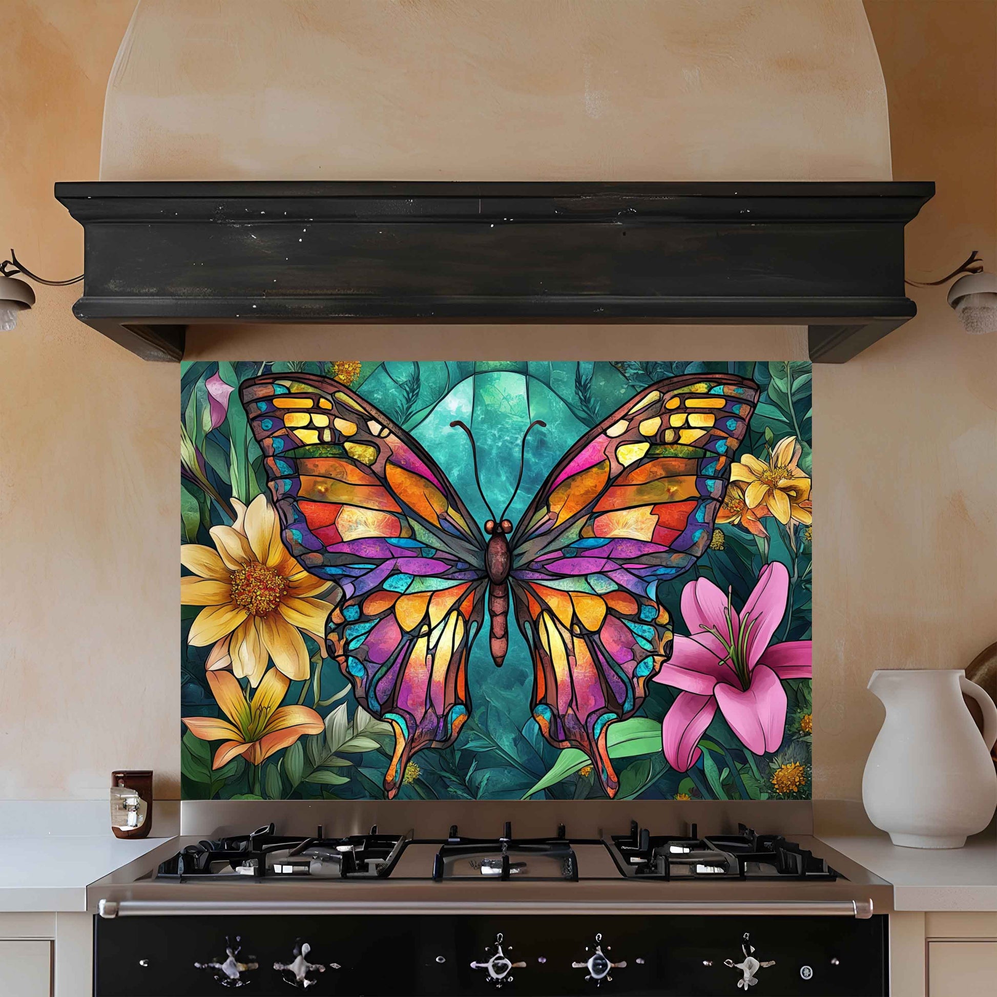 Stylized butterfly and floral design on a kitchen backsplash above a stove.