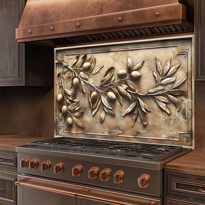 Stainless steel stove with decorative leaf design on the front of glass backsplash, featuring a copper hood.