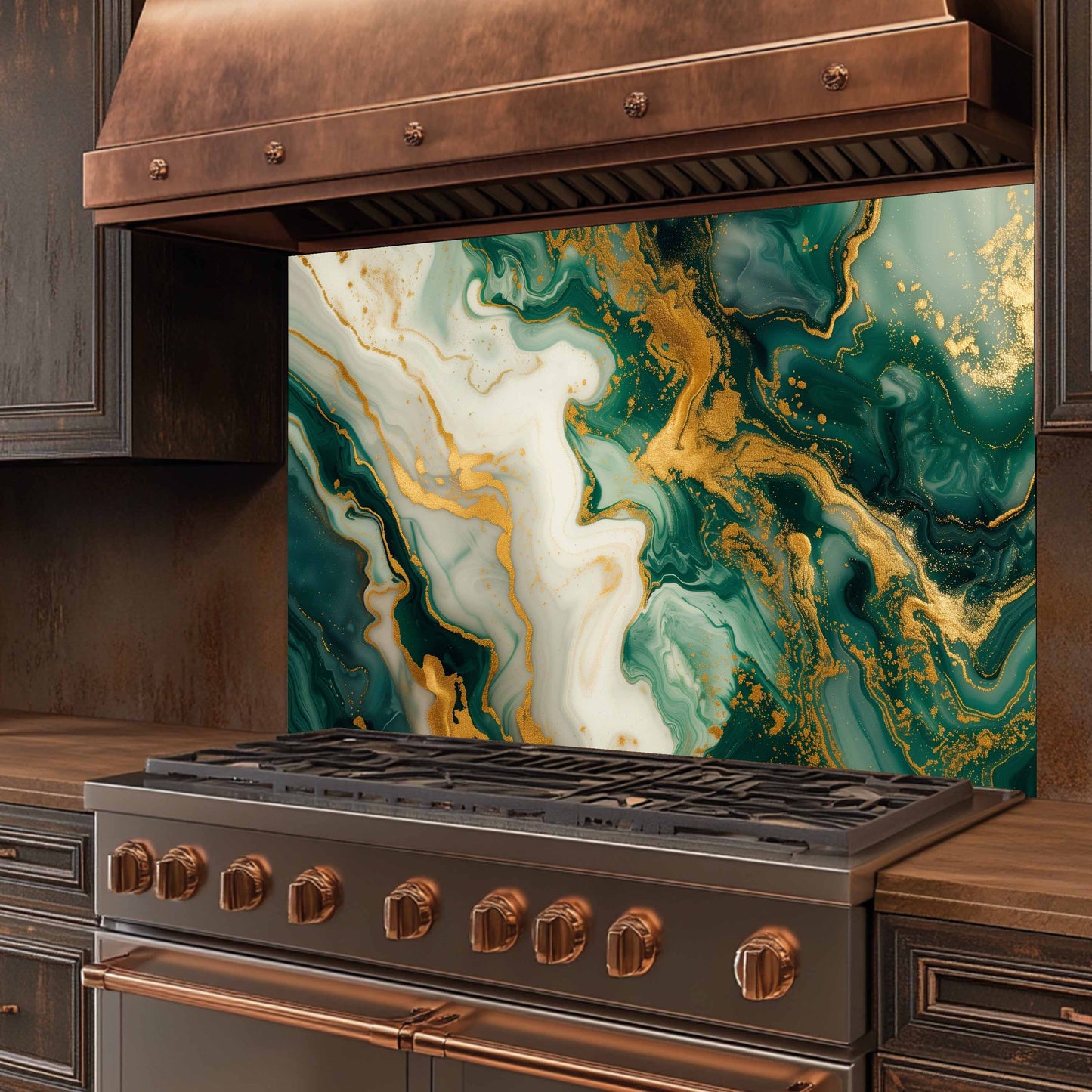 Stainless steel stove with bronze accents and a decorative backsplash featuring green and gold marbled pattern.