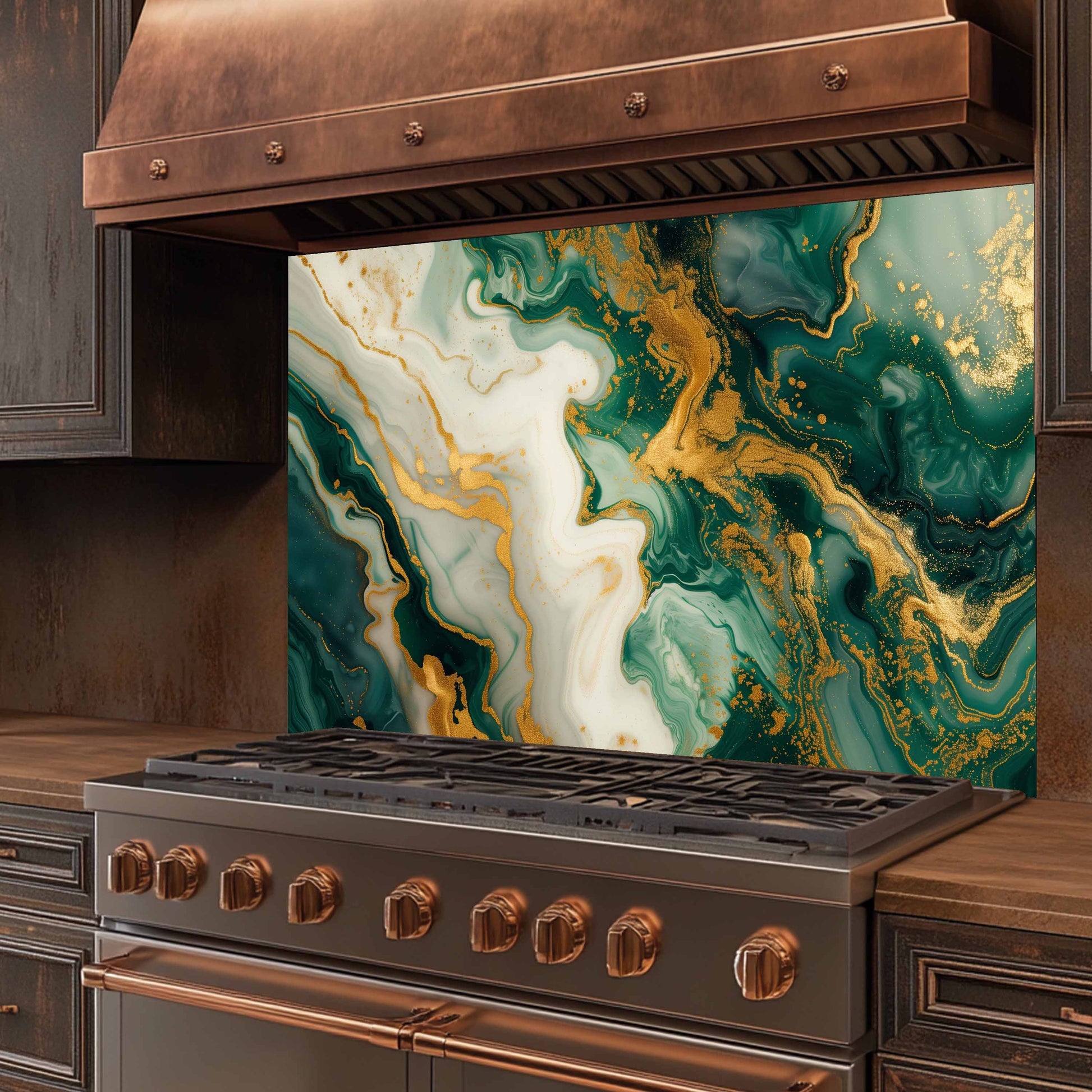 Stainless steel stove with bronze accents and a decorative backsplash featuring green and gold marbled pattern.