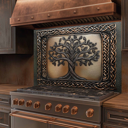 Decorative stove with tree design and bronze finish in a kitchen setting