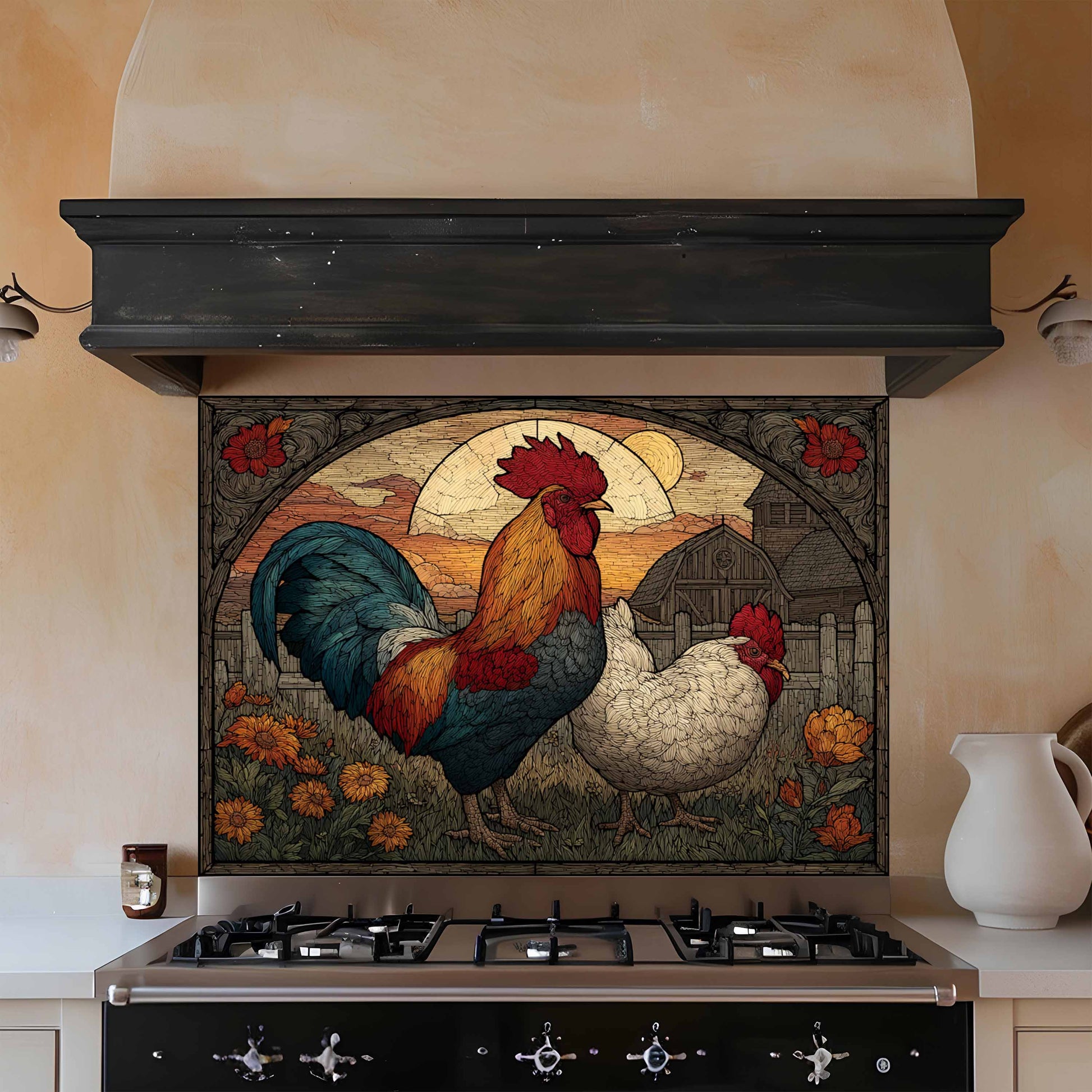 Decorative backsplash with rooster and hen design above a stove in a kitchen.