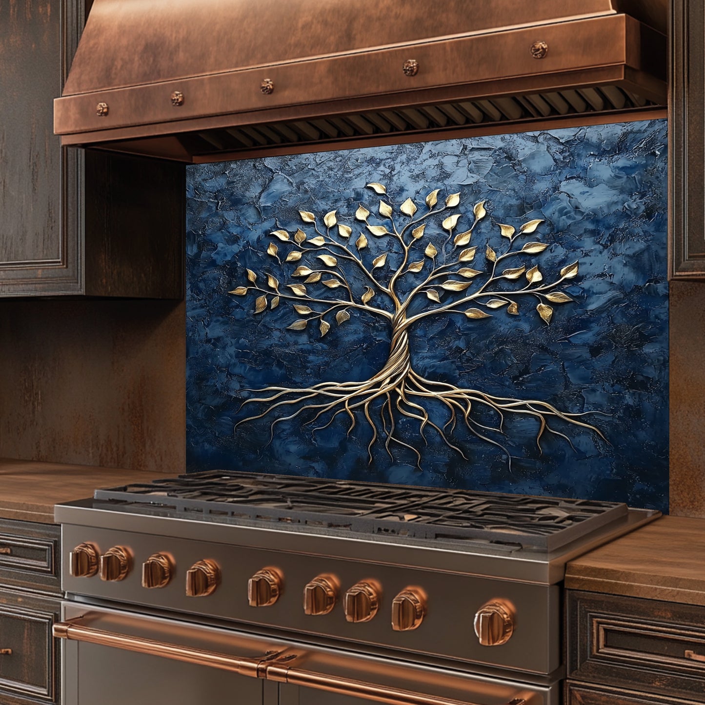Stainless steel stove with decorative tree design on a blue backsplash