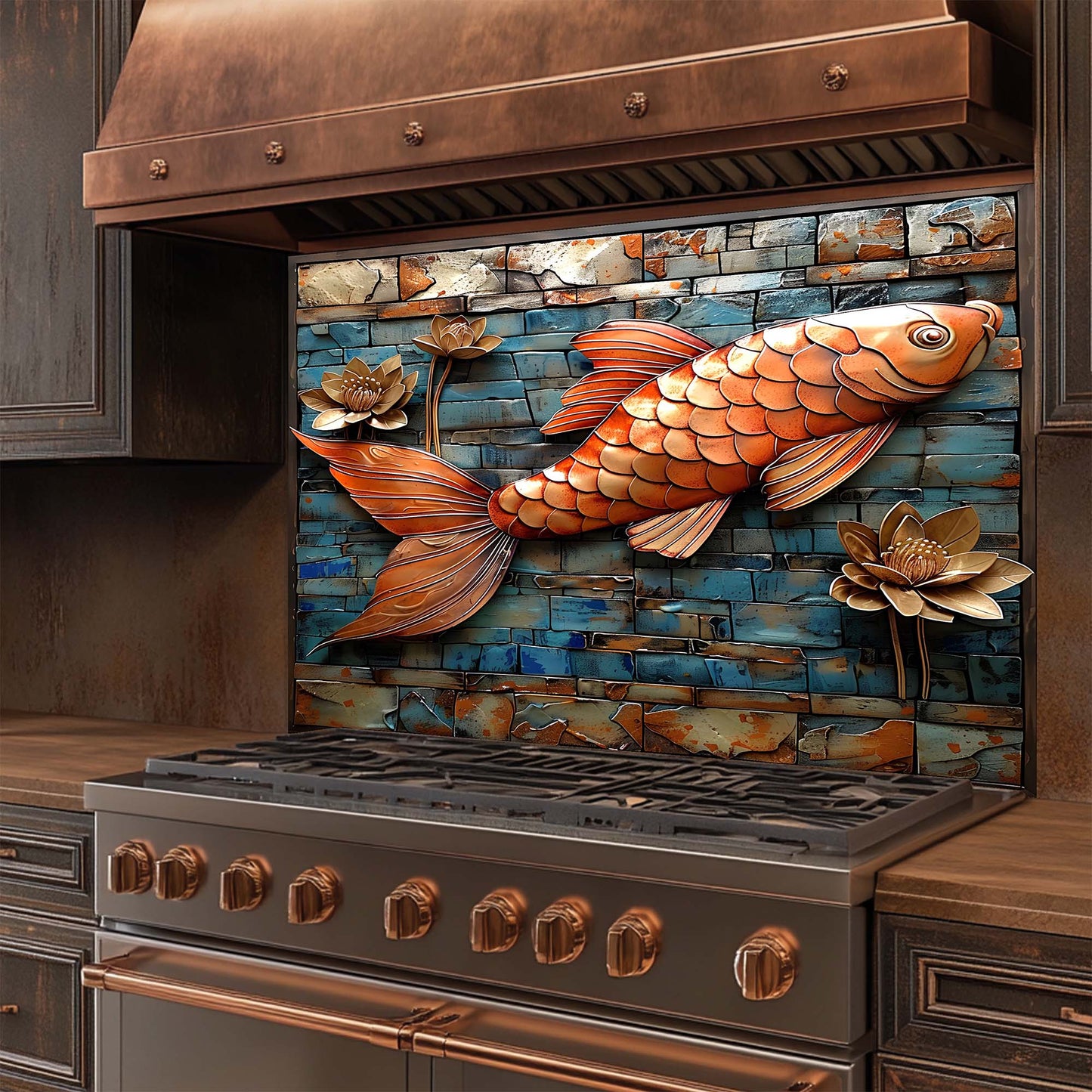 Decorative glass backsplash with a fish and lotus design on a kitchen stove.