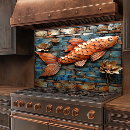 Decorative glass backsplash with a fish and lotus design on a kitchen stove.