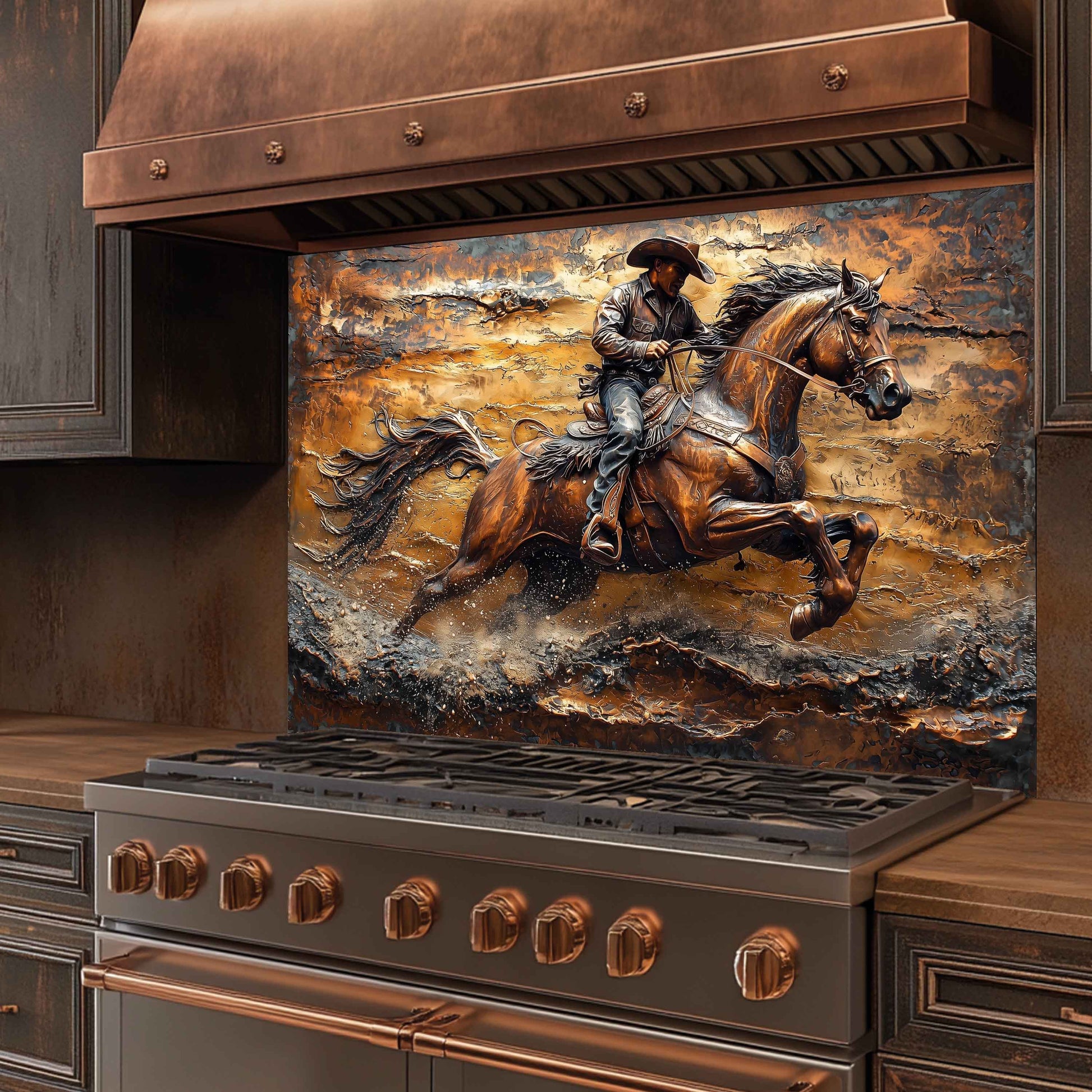 Stainless steel stove with decorative backsplash featuring a cowboy on horseback