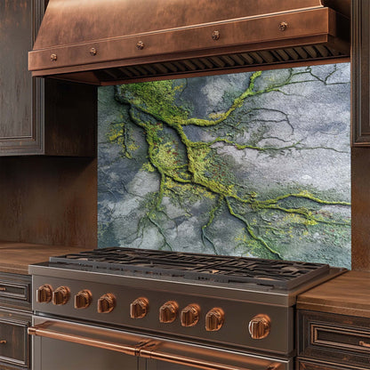 Stainless steel stove with copper accents and a decorative glass backsplash in a kitchen setting.