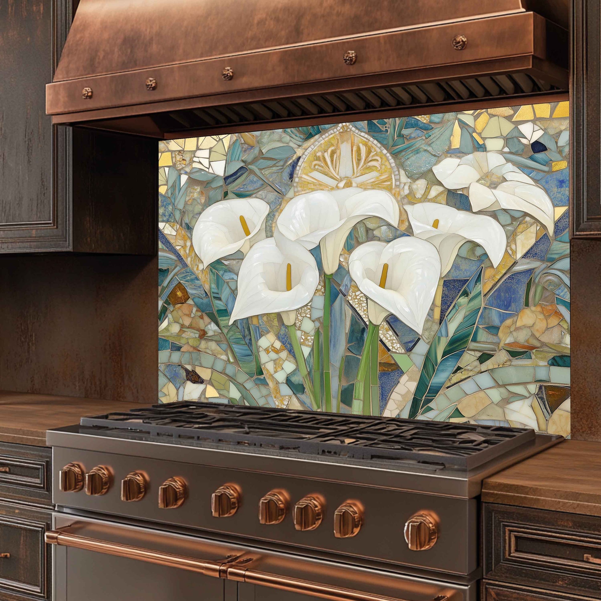 Stainless steel stove with decorative mosaic backsplash featuring white lilies in a kitchen setting