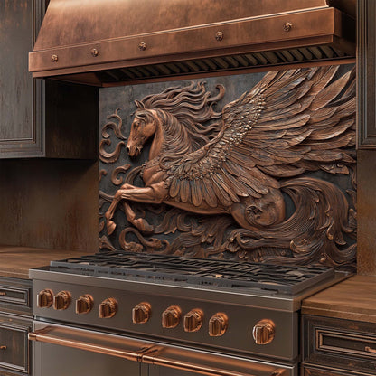 Decorative stove with a winged horse design on the glass backsplash