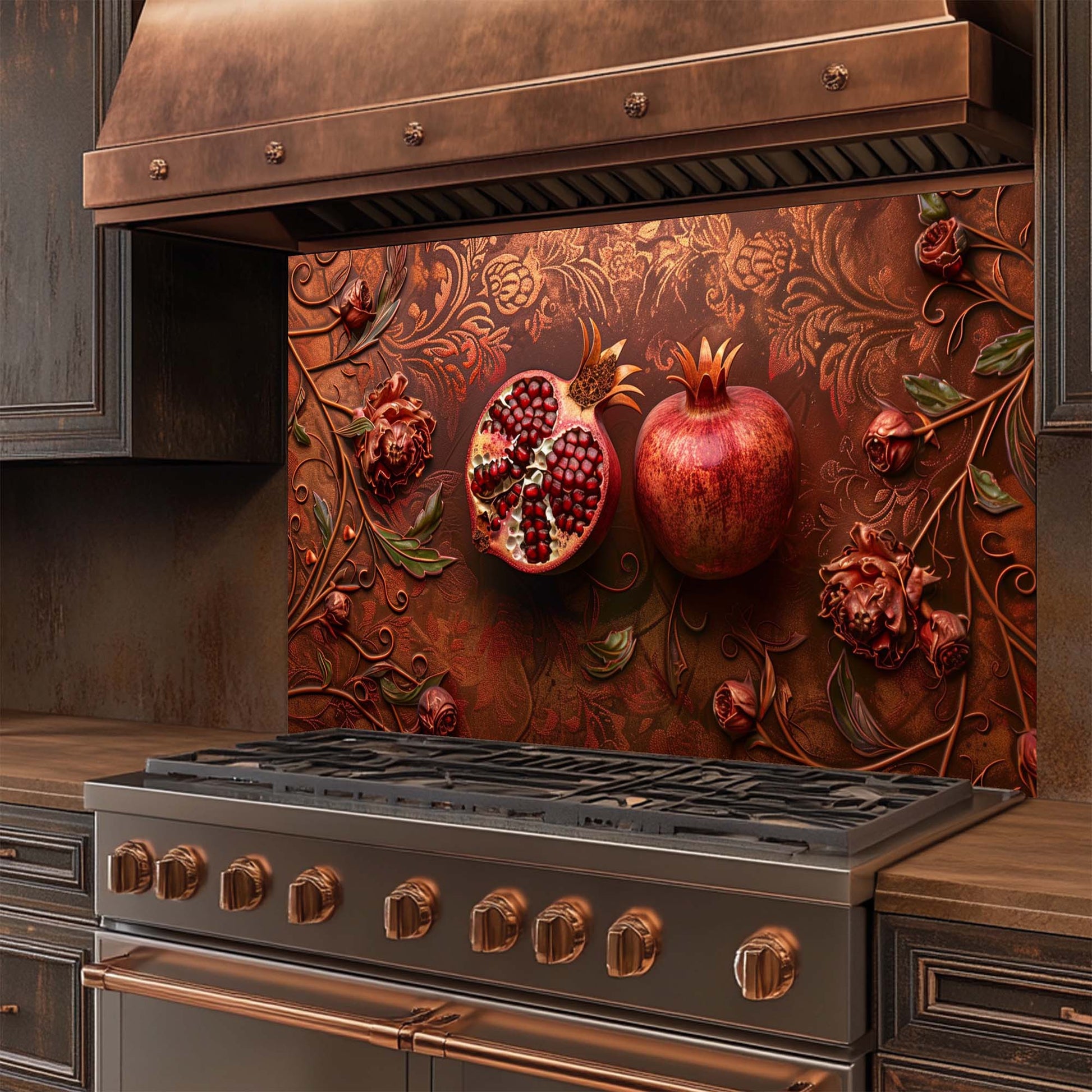 Decorative glass backsplash with pomegranates and floral patterns above a stove.