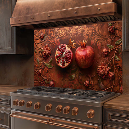 Decorative glass backsplash with pomegranates and floral patterns above a stove.