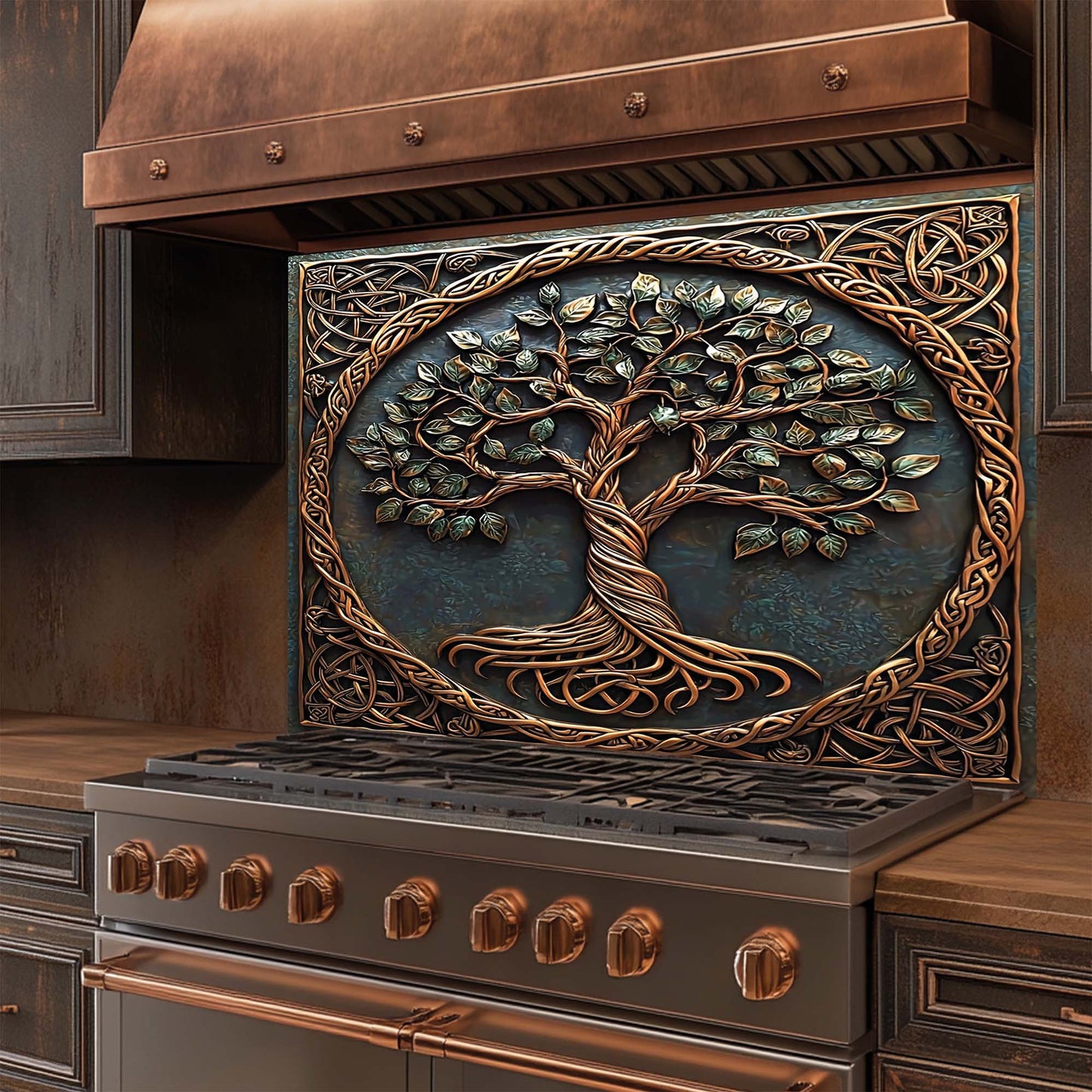 Decorative glass backsplash with tree of life design on a kitchen wall