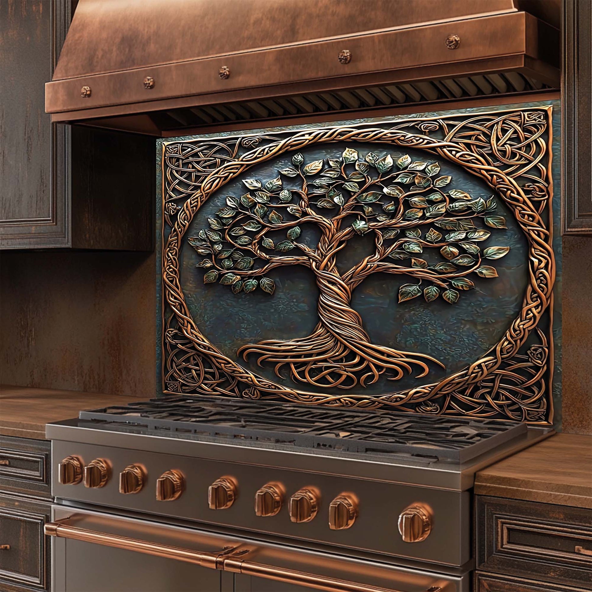 Decorative glass backsplash with tree of life design on a kitchen wall