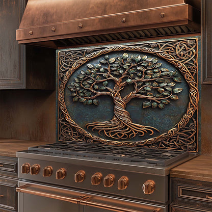 Decorative glass backsplash with tree of life design on a kitchen wall