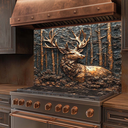 Copper forest design with deer head – rustic tempered glass backsplash for kitchen and stove backsplash tile alternative.