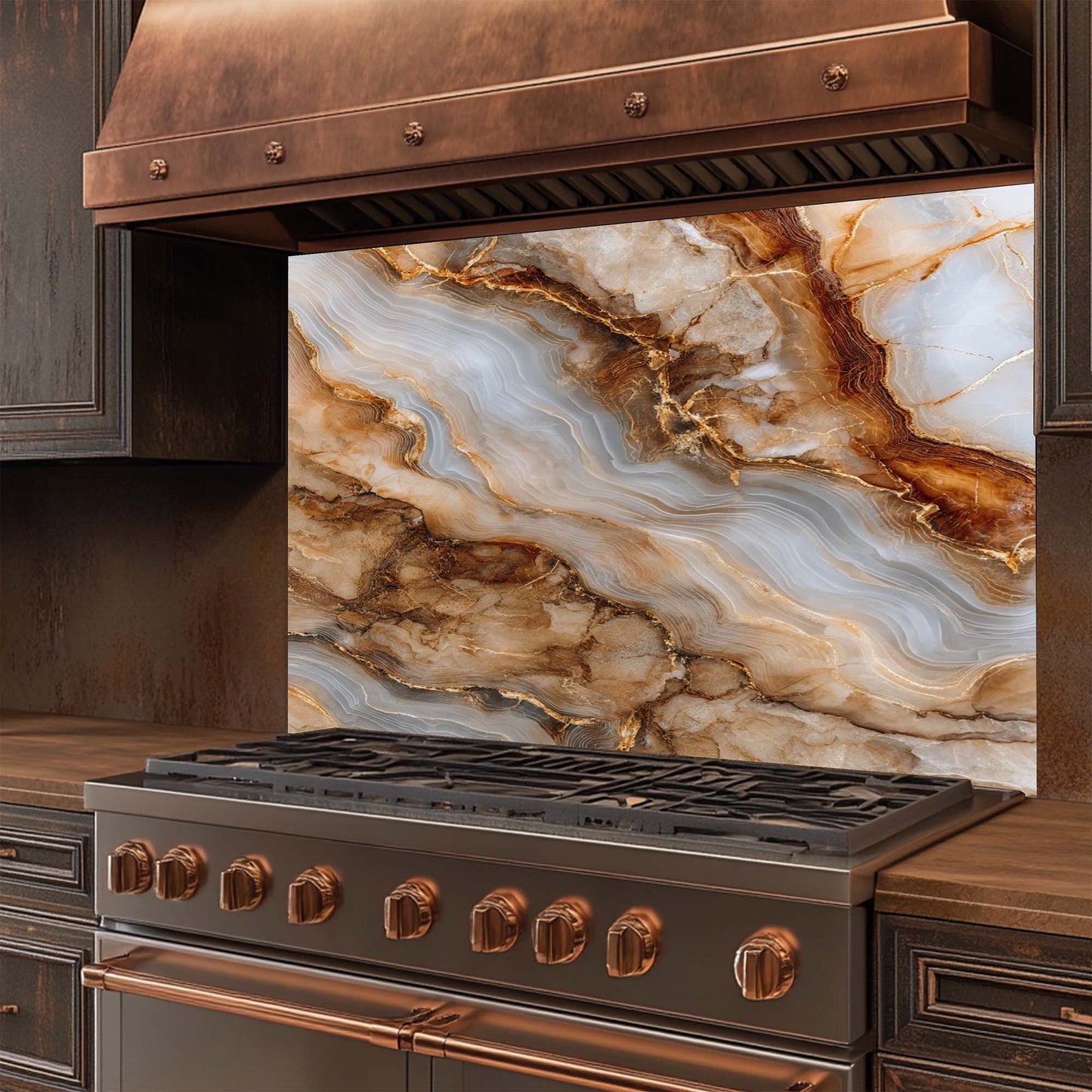 Stainless steel stove with glass backsplash in a kitchen setting