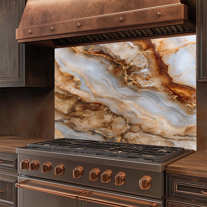 Stainless steel stove with glass backsplash in a kitchen setting
