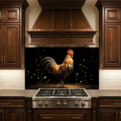 Kitchen with wooden cabinets and a rooster design on the stove backsplash.