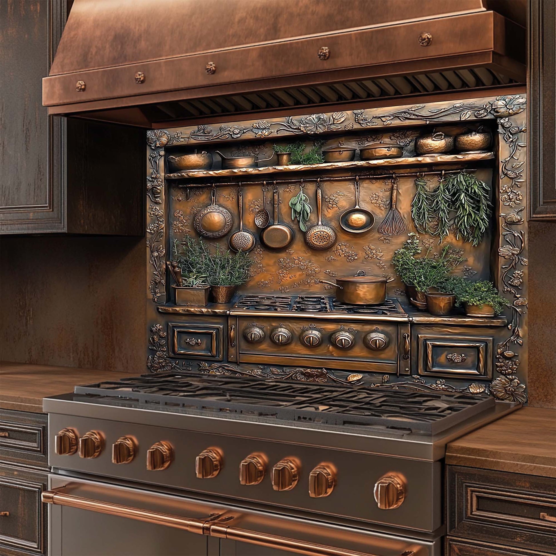 Copper look kitchen backsplash with hanging pans, herbs, and vintage stove – botanical tempered glass panel for rustic kitchens