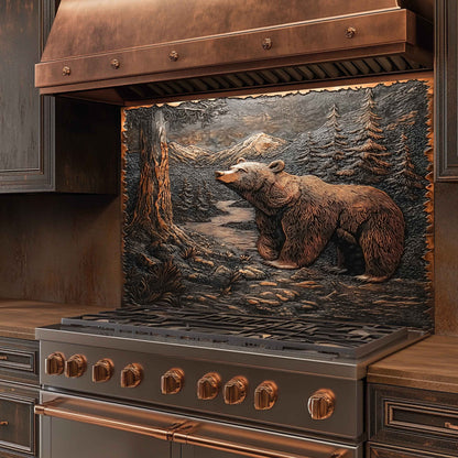 Stainless steel stove with copper accents and bear backsplash on the front