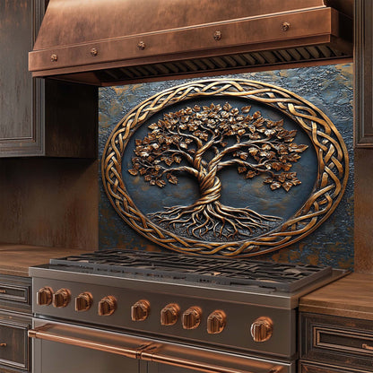 Decorative glass backsplash with a tree design on a kitchen stove