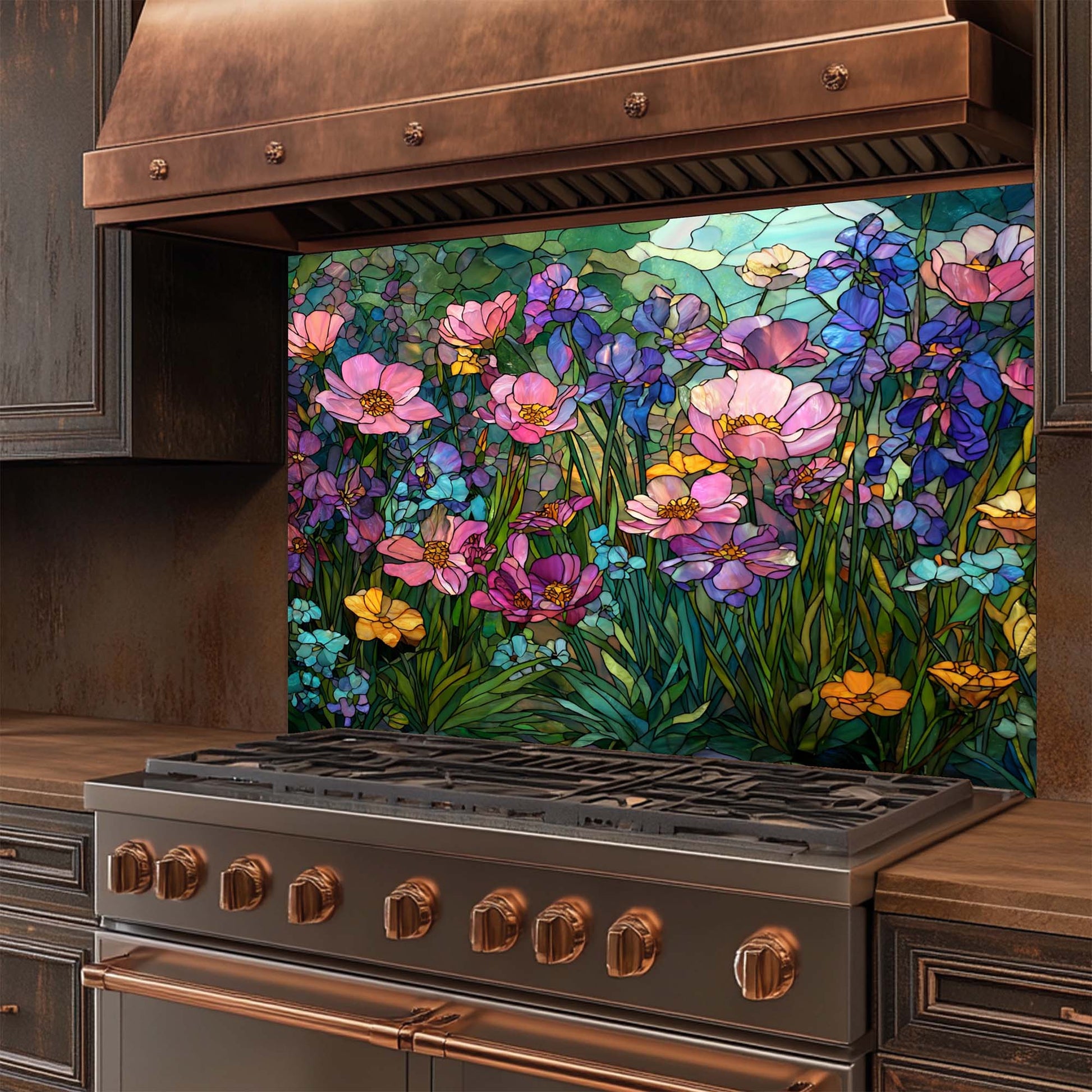 Stainless steel stove with a decorative floral glass backsplash in a kitchen setting