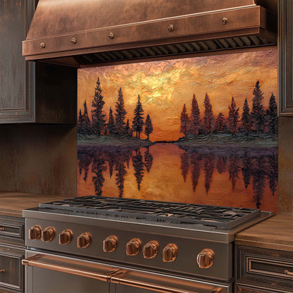 Stainless steel stove with copper accents and a decorative glass backsplash featuring a sunset over a lake scene.
