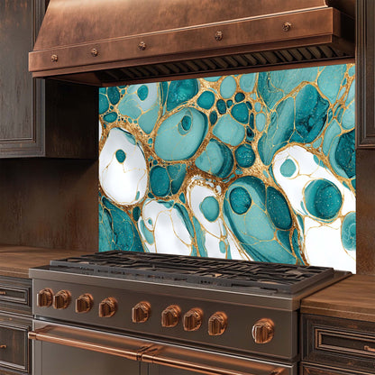 Stainless steel stove with copper accents and a decorative glass backsplash featuring teal and gold abstract design.