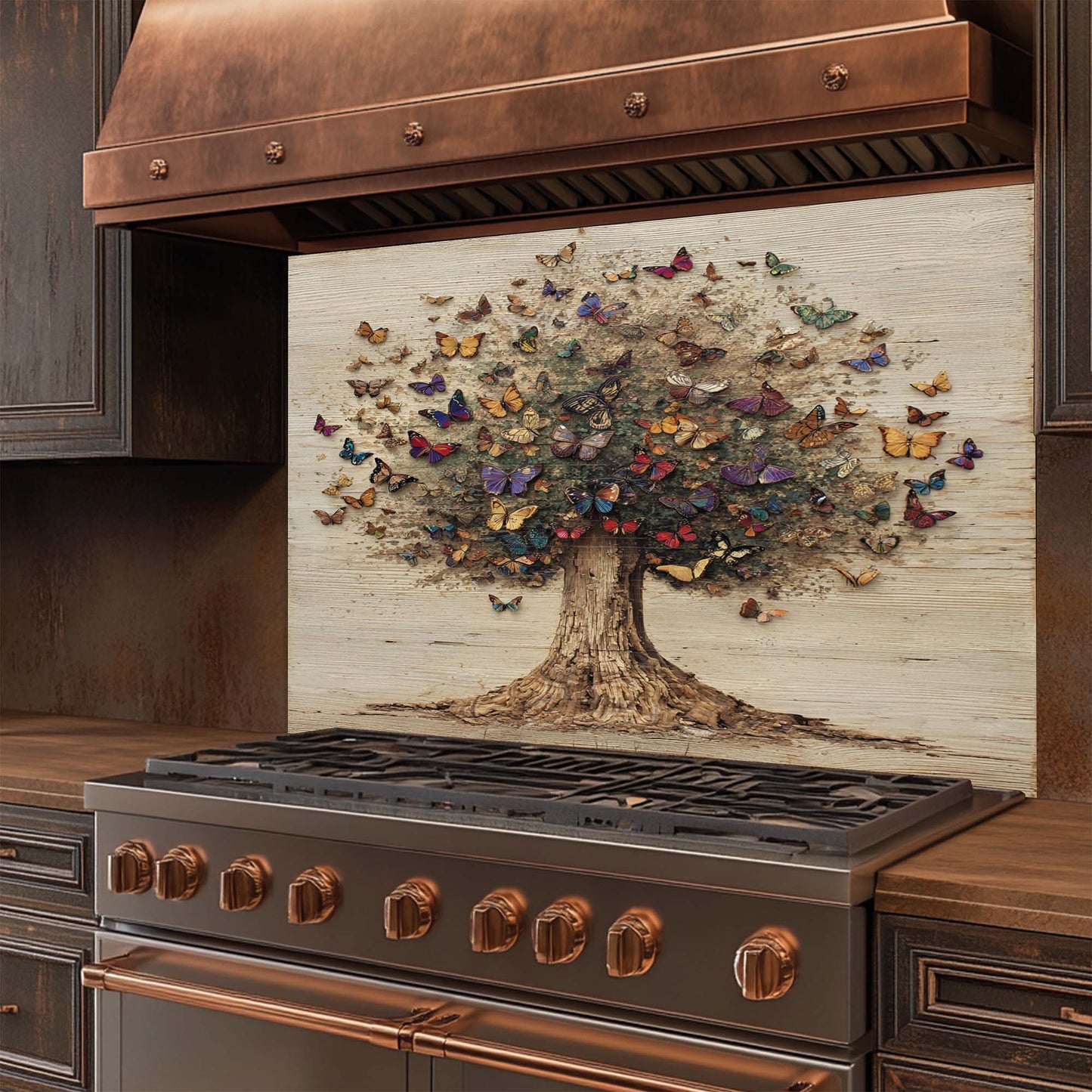 Butterfly Tree – Tempered Glass Backsplash for Kitchen | Colorful Tree of Life Backsplash