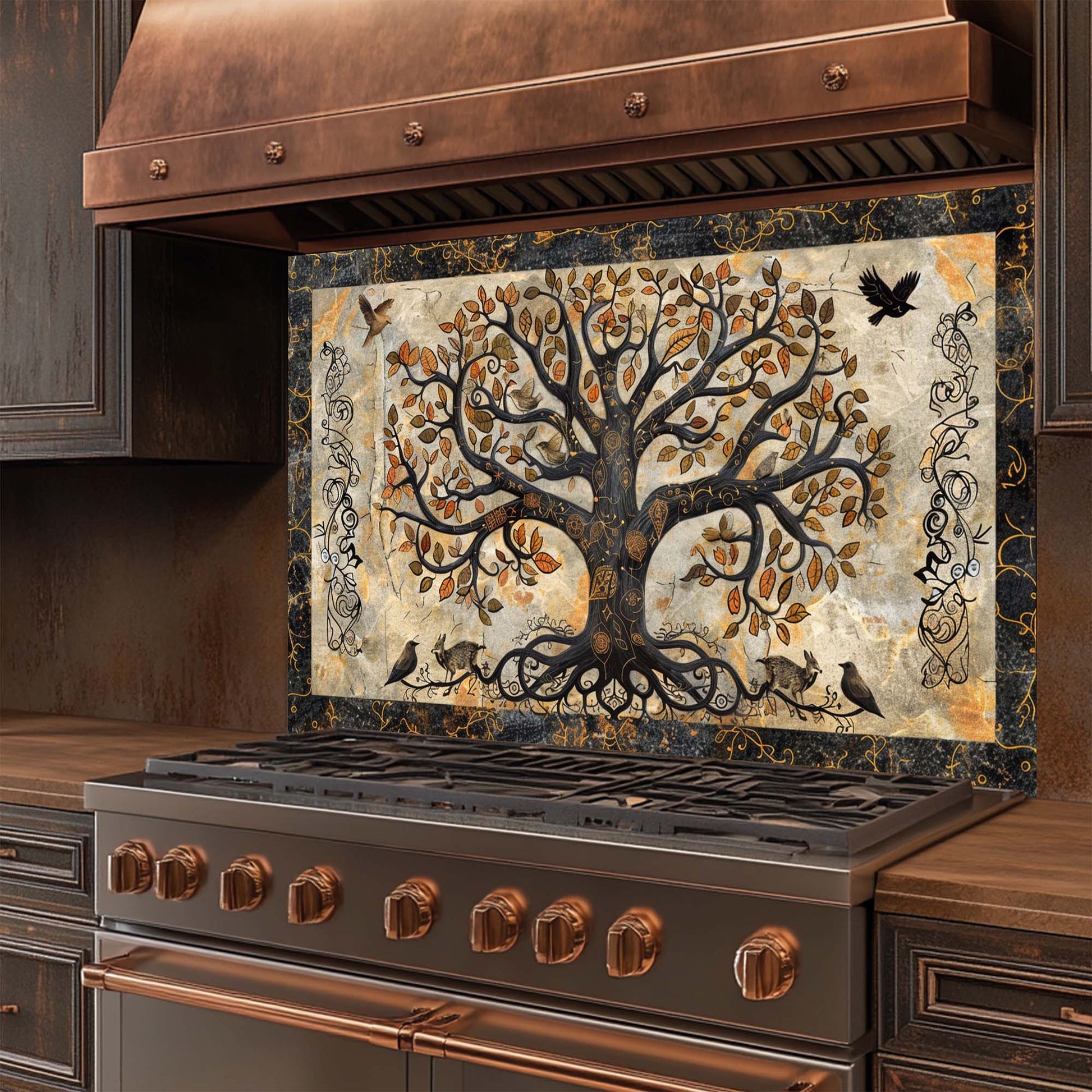 Decorative kitchen stove with a tree of life design on the glass backsplash