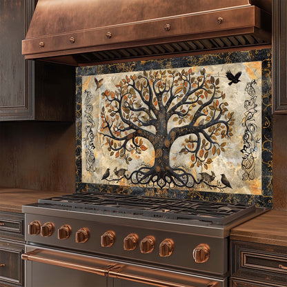 Decorative kitchen stove with a tree of life design on the glass backsplash