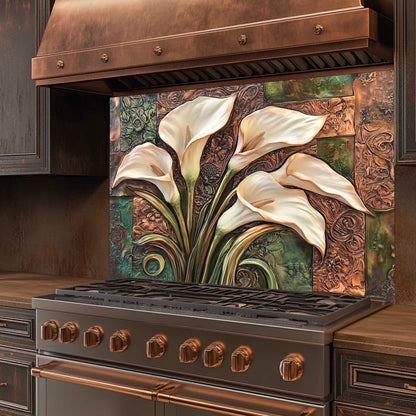 Decorative backsplash with floral design above a stove