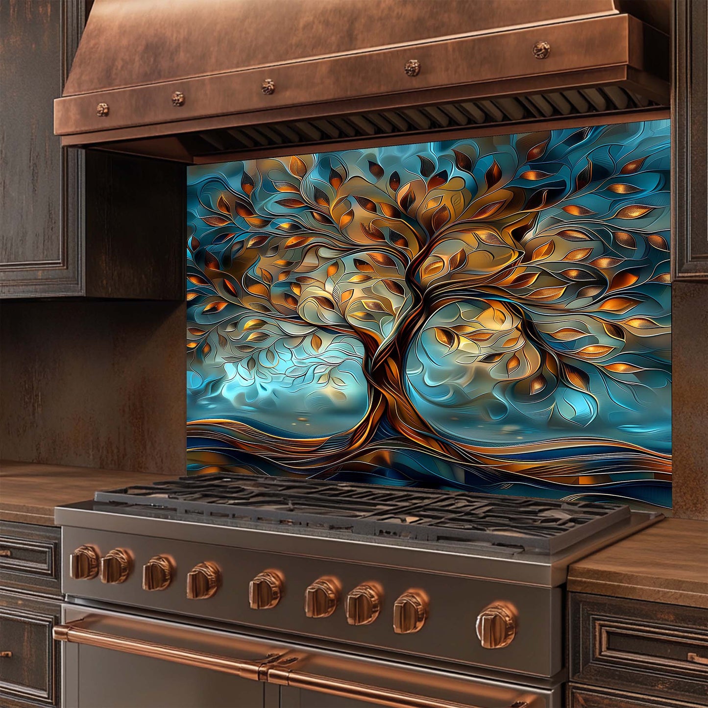 Stainless steel stove with a decorative glass backsplash featuring a tree design.
